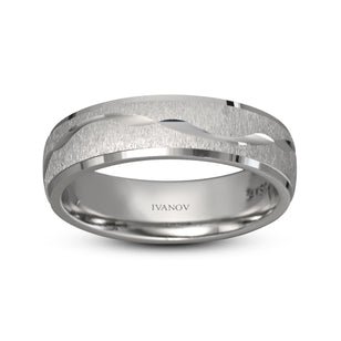 14k white gold mens wedding band brushed finish wave design polished edges 6mm