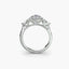 Diamond ring with a halo setting side stone in white gold on a white background
