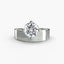 Silver ring with a large diamond on a white background