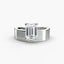 Silver ring with a rectangular emerald cut diamond on a white background