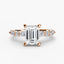 Rose gold ring with a large emerald-cut diamond and smaller diamonds on the sides against a white background