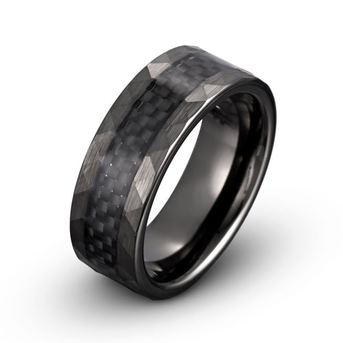 Black Brushed Hammered Tungsten Ring with Carbon Fiber Inlay