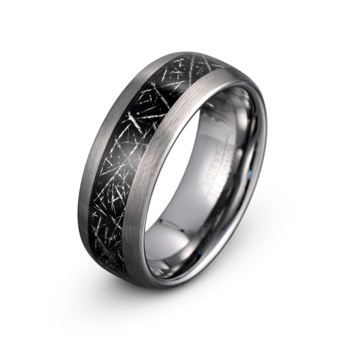 Loukas - Black Meteorite-Imitation Tungsten Ring with Brushed Edges
