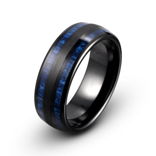 The Forest Night Ring: Black Tungsten with Blue Wood Inlay