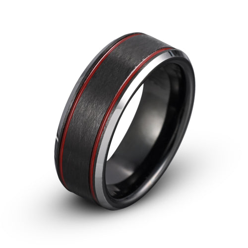 Black Brushed Tungsten Ring with Red Grooves & Polished Gray Edges