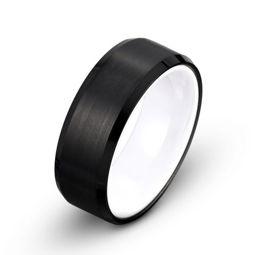 Black Brushed Tungsten Ring with White Ceramic Sleeve & Polished Beveled Edges - 8mm