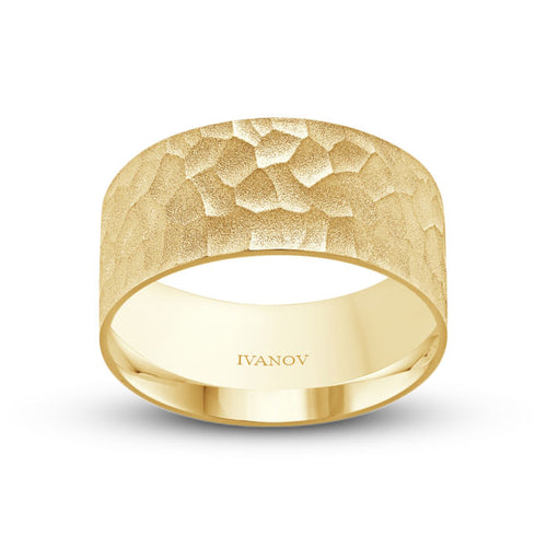 True Grit 14K Solid Gold Flat Hammered Wedding Ring - 10mm