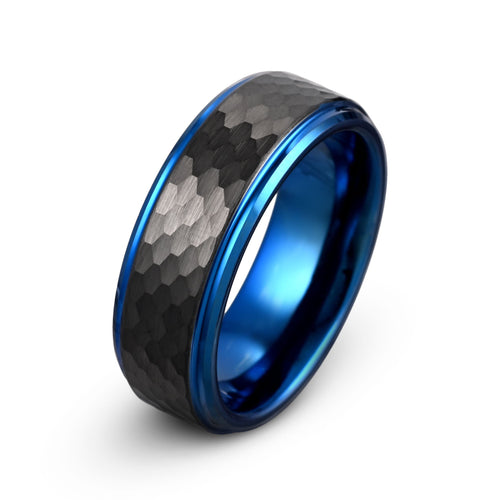 Tungsten Ring Thanasis - Black Hammered Finish with Blue Edges