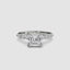 White gold ring with a large Asscher-cut diamond and smaller diamonds on the band marquise and round on a white background