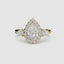 Three stone halo pave pear shaped diamond engagement ring yellow gold