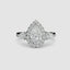 Halo Three Stone Diamond ring with a pear-shaped center stone in white gold