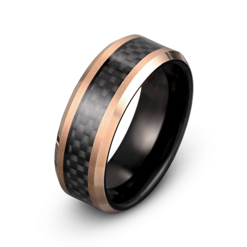 Rose Gold Tungsten Ring with Black Carbon Fiber Inlay – 8mm
