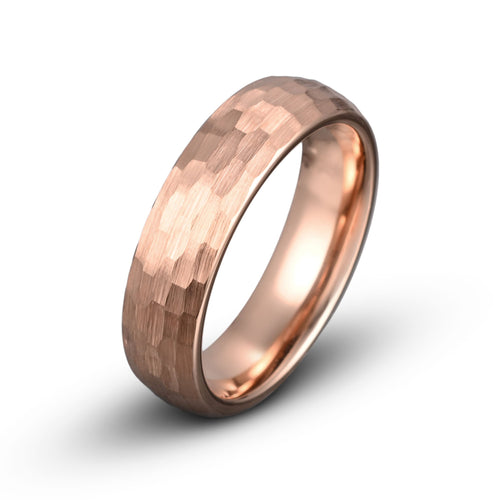 Rose Gold Tungsten Ring - Brushed Hammered Finish Domed Style