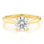 A round diamond solitaire engagement ring with a yellow gold band, displayed on a white background.