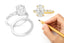 Hand drawing a diamond ring with a pencil next to a completed silver ring and gold ring with diamonds on a white background.