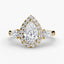 Three stone halo pave pear shaped diamond engagement ring