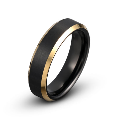 Tungsten Ring Brushed Finish with Yellow Gold Polished Beveled Edges 6mm