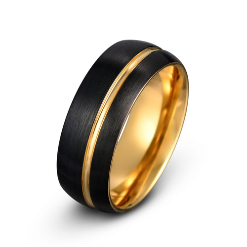 Black Tungsten Ring – Brushed Domed with Offset Yellow Gold Groove, 8mm