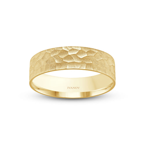The “Terrain” – 14K Solid Gold. Hammered Finish. Flat 6mm Band. Free Engraving.