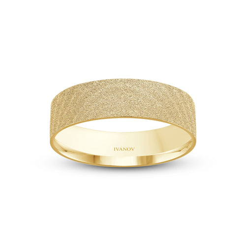The “Calm Surface” – 14K Solid Gold. Rolled Texture. Flat 6mm Band. Free Engraving.