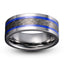 Mens tungsten wedding band brushed hammered finish and blue accent lines polished edges 8mm width