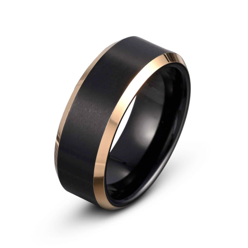 Gleaming Eternity: Black & Rose Gold Tungsten Ring