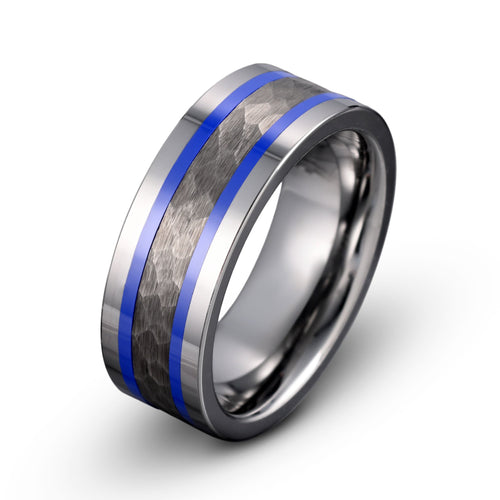 Hammered Tungsten Ring with Blue Stripes - Azure Rhapsody