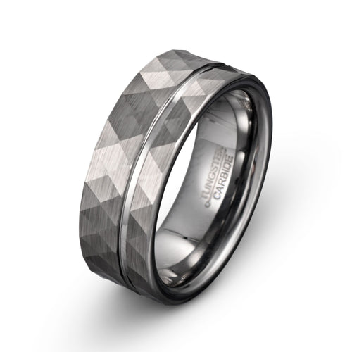 Tungsten Ring Brushed Hammered Offset Grooved 8mm - Savant
