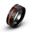 Black tungsten ring with offset wood inlay line all around the ring, brushed hammered finish