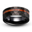 Black tungsten ring with offset wood inlay line all around the ring, brushed hammered finish