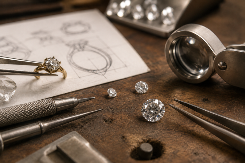 Loose round diamonds brilliant cut on the jewelers table with loupe