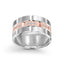 White gold ring with rose gold accents and round diamonds pave on a white background