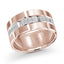 Rose gold ring with white gold center diamond accents on a white background