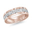 Rose gold ring 7mm with white gold enter embedded round diamonds on a white background
