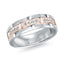 Two wedding ring 7mm one silver and one rose gold, with round diamond accents on a white background.