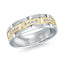 Two wedding rings, one gold and one silver, with diamond accents on a white background.