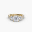 Three stone Asscher diamond ring with round diamonds on the side and u micro pave setting on twisted shank yellow gold on white background