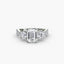 Diamond ring with emerald-cut center stone and round side stones u pave twisted shank white gold on a white background
