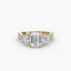 Three stone emerald cut  diamond ring with round cut  diamonds on the side and u micro pave setting on twisted shank yellow gold on white background