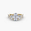 Three stone oval diamond ring with round side stone and u micro pave setting on twisted shank yellow gold on white background