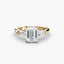 Gold ring with emerald-cut diamond and smaller diamonds on a white background