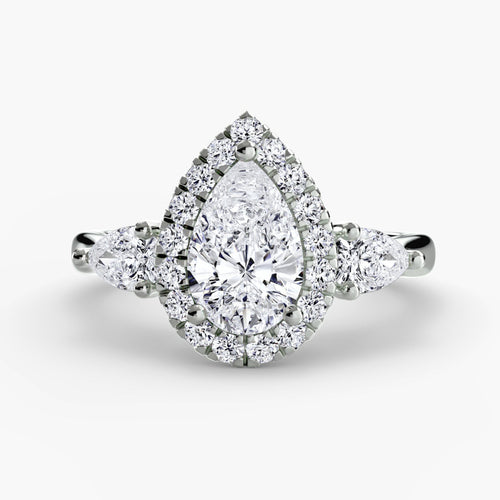 Three-Stone Pear Shaped Ring with Halo Pave