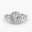 Round diamond three stone ring princess side stone with a u pave on the shank white background
