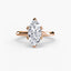 Rose gold ring with a marquise-shaped diamond on a white background