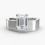 Wide band solitaire engagement white gold or platinum ring with a emerald cut diamond on a white background