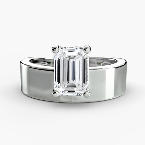 Emerald Cud Solitaire Diamond Ring Wide Band