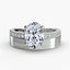 Wide white gold  ring with a large oval  diamond and smaller u pave diamonds on the band against a white background