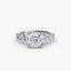 Diamond ring with a central Asscher-cut diamond and smaller diamonds on a white background