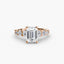 Diamond ring with a central emerald-cut diamond and smaller diamonds on a white background
