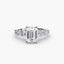 Diamond ring with emerald-cut center stone and round side stones on a white background